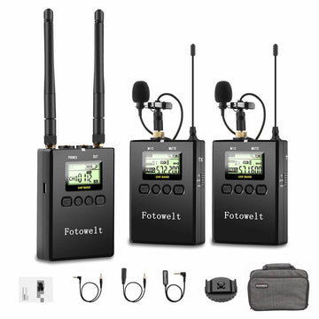 FotoWelt UHF 2 Transmitters+1 Dual-Channel Receiver Wireless Lavalier Microphone System, Dual Channel Receiver Compatible with DSLR Cameras, Phones Camcorders Used in Video Recording, Program Hosting & Interview - Imported from UK